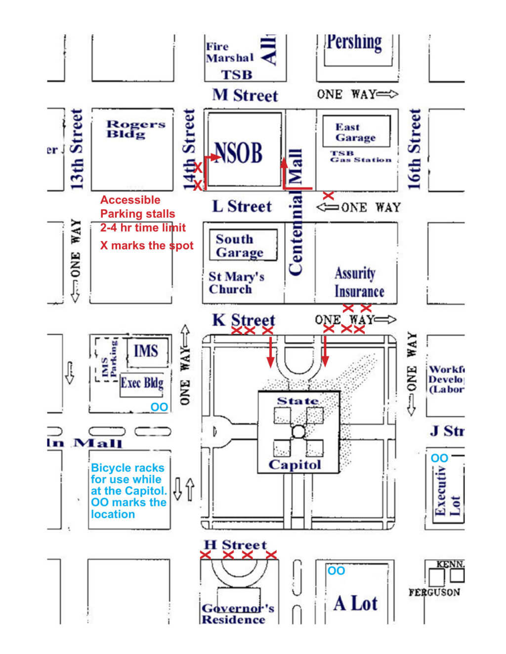 Map of the streets around the Capitol. Red X marks accessible parking stalls with a 2 to 4 hour limit, mostly along K Street, with more on L Street, 14th Street and H Street. OO marks bicycle racks.