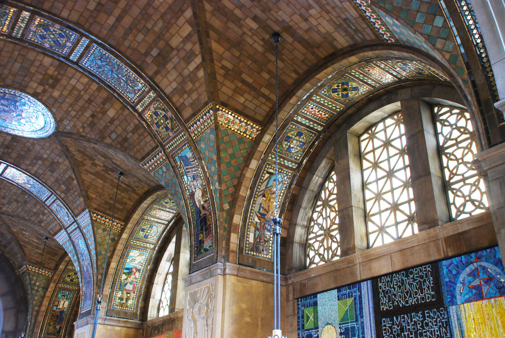 The ribbons of mosaic add sparkle and meaning to the vaulting in the Foyer.