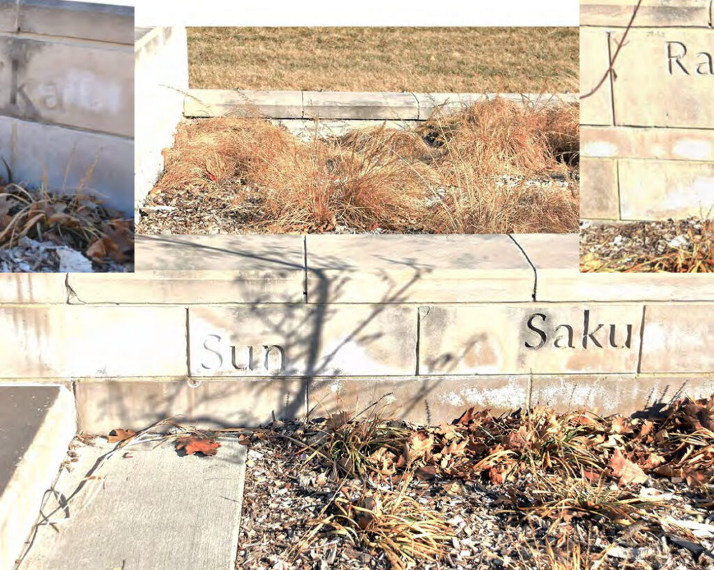 Limestone walls along the stepped plaza are engraved