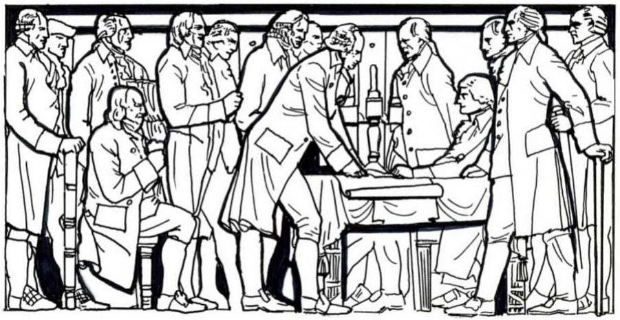 The outer two panels show the beginning of American democracy