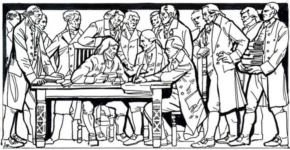 The outer two panels show the beginning of American democracy