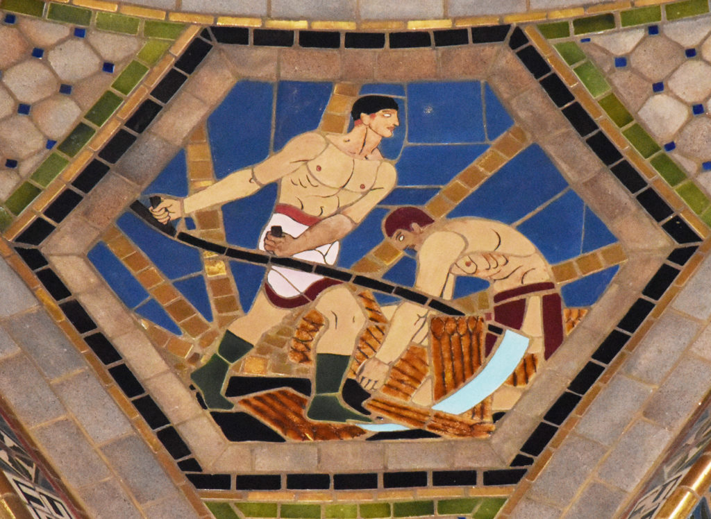 Hildreth Meiere's mosaic of the harvest season in he Vestibule dome of the Nebraska State Capitol   