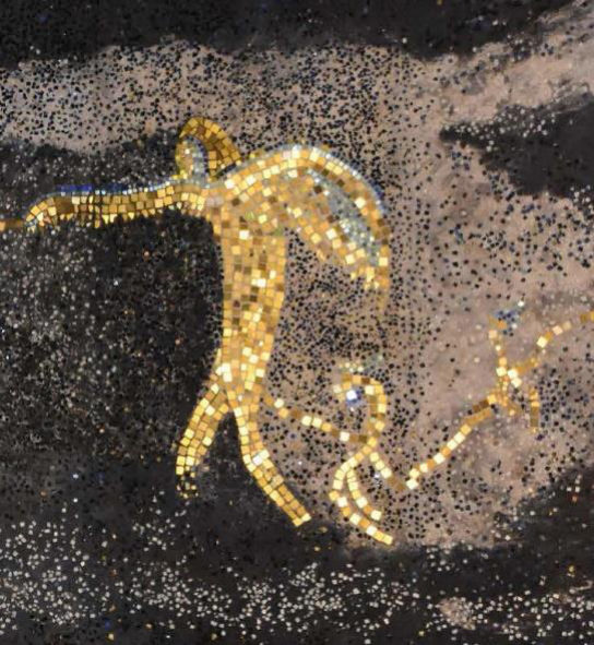 The large gold figure is the teacher. Following